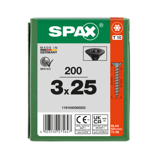 SPAX-S Senkmultikopf T-STAR PLUS T10 Vollgewinde schwarz verzinkt - 200 Stk - 3 x 25