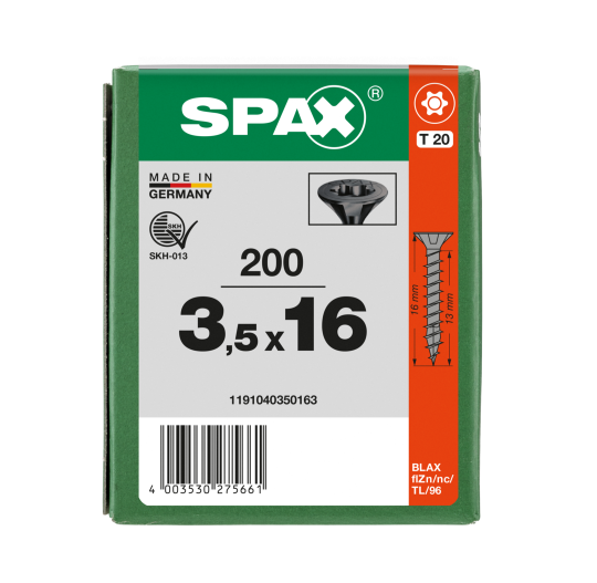 SPAX Senkmultikopf T-STAR PLUS T20 Vollgewinde schwarz verzinkt - 200 Stk - 3,5 x 16