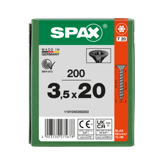 SPAX Senkmultikopf T-STAR PLUS T20 Vollgewinde schwarz verzinkt - 200 Stk - 3,5 x 20