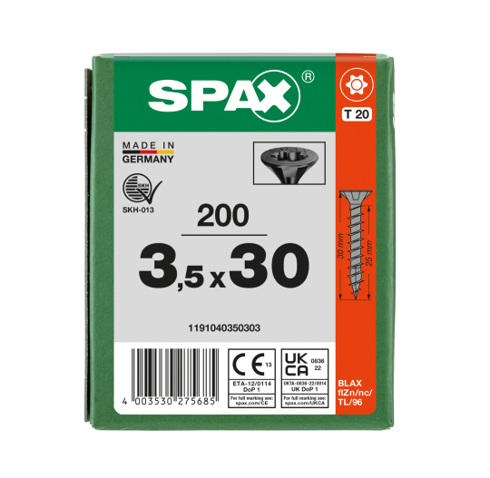 SPAX Senkmultikopf T-STAR PLUS T20 Vollgewinde schwarz verzinkt - 200 Stk - 3,5 x 30