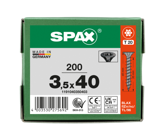 SPAX Senkmultikopf T-STAR PLUS T20 Vollgewinde schwarz verzinkt - 200 Stk - 3,5 x 40