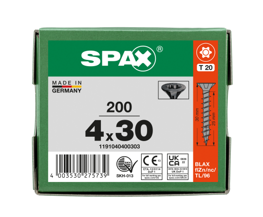 SPAX Senkmultikopf T-STAR PLUS T20 Vollgewinde schwarz verzinkt - 200 Stk - 4 x 30