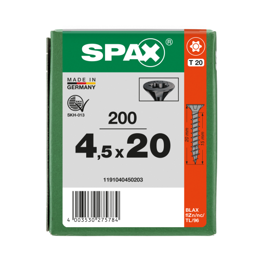 SPAX Senkmultikopf T-STAR PLUS T20 Vollgewinde schwarz verzinkt - 200 Stk - 4,5 x 20