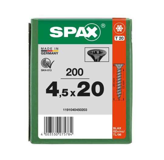 SPAX Senkmultikopf T-STAR PLUS T20 Vollgewinde schwarz verzinkt - 200 Stk - 4,5 x 20