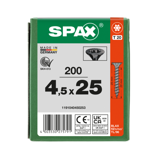 SPAX Senkmultikopf T-STAR PLUS T20 Vollgewinde schwarz verzinkt - 200 Stk - 4,5 x 25