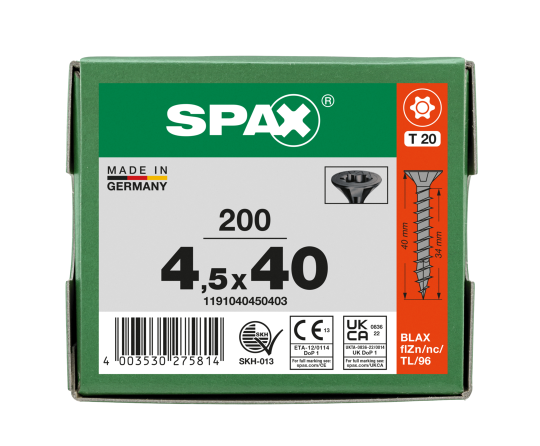 SPAX Senkmultikopf T-STAR PLUS T20 Vollgewinde schwarz verzinkt - 200 Stk - 4,5 x 40