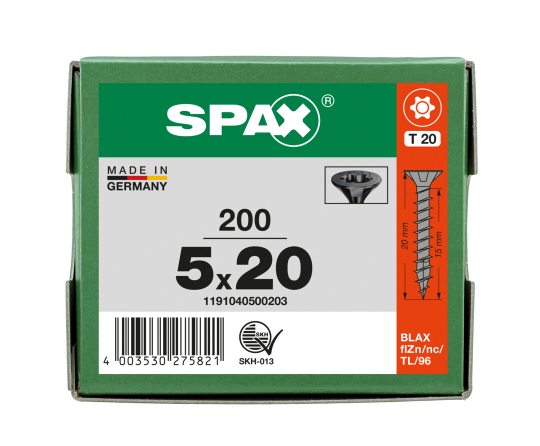 SPAX Senkmultikopf T-STAR PLUS T20 Vollgewinde schwarz verzinkt - 200 Stk - 5 x 20