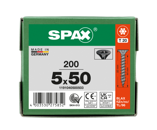 SPAX Senkmultikopf T-STAR PLUS T20 Vollgewinde schwarz verzinkt - 200 Stk - 5 x 50