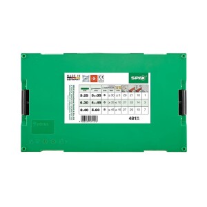 SPAX L-BOXX Mini, Dübel-Schrauben-Set 481 Teile, A9J, T-STAR plus, Senkkopf - mit 6 Abmessungen