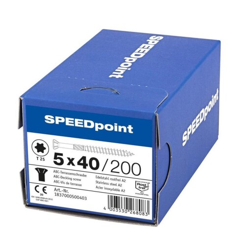 SPEEDpoint Terrassenschraube 5 x 40 mm - Linsensenkkopf - T-STAR T25 - Schabenut - Edelstahl rostfrei A2 - 200 Stk