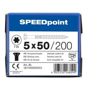 SPEEDpoint Terrassenschraube 5 x 50 mm - Linsensenkkopf - T-STAR T25 - Schabenut - Edelstahl rostfrei A2 - 200 Stk