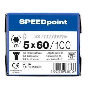 SPEEDpoint Terrassenschraube 5 x 60 mm - Linsensenkkopf - T-STAR T25 - Schabenut - Edelstahl rostfrei A2 - 100 Stk