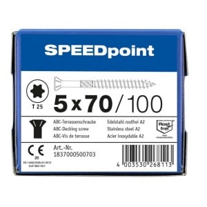 SPEEDpoint Terrassenschraube 5 x 70 mm - Linsensenkkopf - T-STAR T25 - Schabenut - Edelstahl rostfrei A2 - 100 Stk