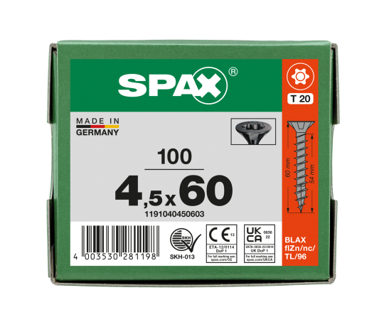 SPAX Senkmultikopf T-STAR PLUS T20 Vollgewinde schwarz verzinkt - 100 Stk - 4,5 x 60