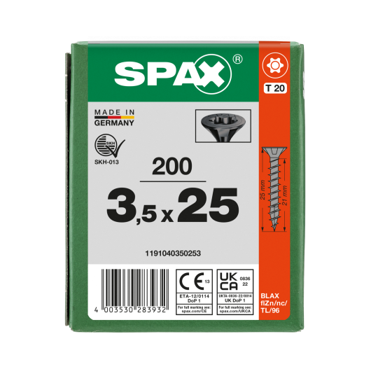 SPAX Senkmultikopf T-STAR PLUS T20 Vollgewinde schwarz verzinkt - 200 Stk - 3,5 x 25