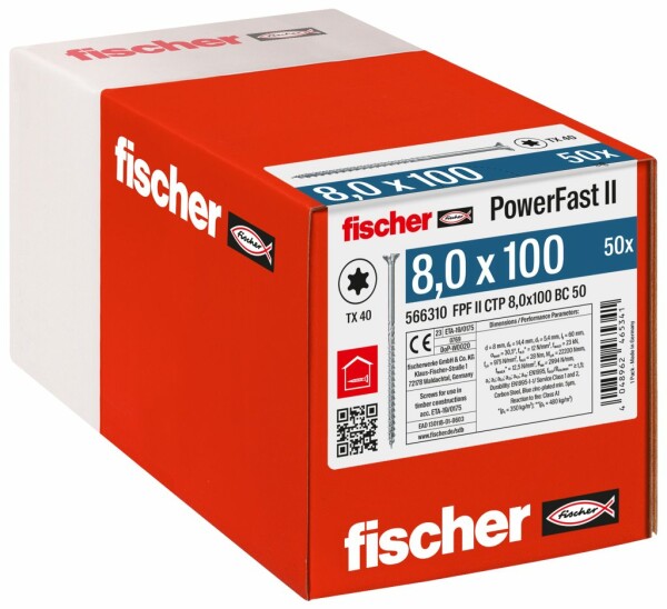 fischer PowerFast FPF II CTP 8,0 x 100 BC 50 Senkkopf TX Teilgewinde verzinkt