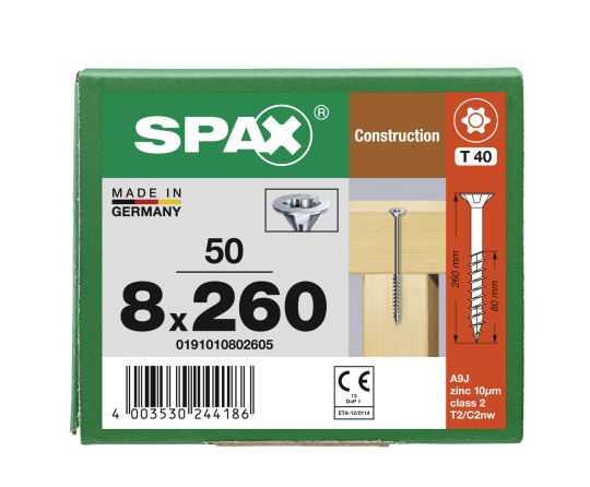 SPAX Senkkopf 8 mm T-STAR plus - Teilgewinde WIROX A3J  T40  -  8x260  -  50 Stk