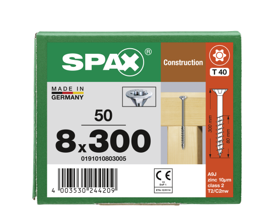 SPAX Senkkopf 8 mm T-STAR plus - Teilgewinde WIROX A3J  T40  -  8x300  -  50 Stk