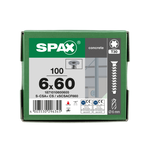 SPAX BETONSCHRAUBE 6x60 20/5 VERZINKT SENKKOPF T30 100ST