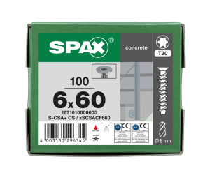 SPAX BETONSCHRAUBE 6x60 20/5 VERZINKT SENKKOPF T30 100ST