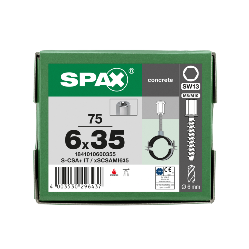 SPAX BETONSCHRAUBE 6x35 VERZINKT INNENGEWINDE M8/10 SW 13 75ST