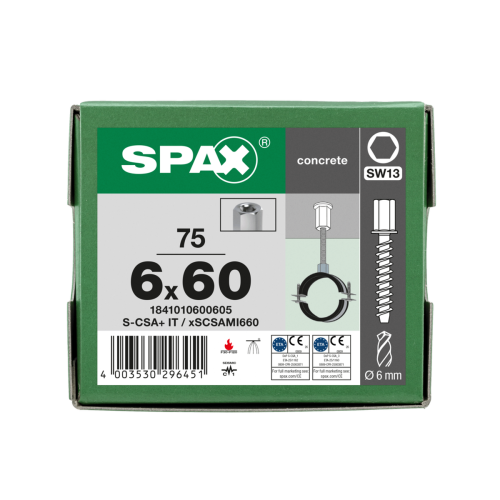 SPAX BETONSCHRAUBE 6x60 VERZINKT INNENGEWINDE M8/10 SW 13 75ST