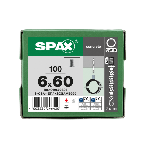 SPAX BETONSCHRAUBE 6x60 25/20 VERZINKT AUSSENGEWINDE SW10 100ST