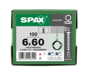 SPAX BETONSCHRAUBE 6x60 25/20 VERZINKT AUSSENGEWINDE SW10 100ST