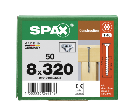 SPAX Senkkopf 8 mm T-STAR plus - Teilgewinde WIROX A3J  T40  -  8x320  -  50 Stk