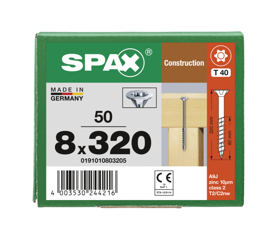 SPAX Senkkopf 8 mm T-STAR plus - Teilgewinde WIROX A3J  T40  -  8x320  -  50 Stk