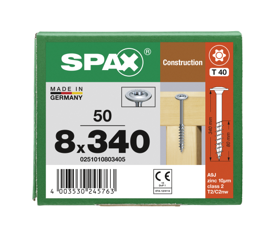 SPAX Tellerkopf 8 mm T-STAR plus 4CUT Teilgewinde WIROX P3J  8x340 - 50 Stk