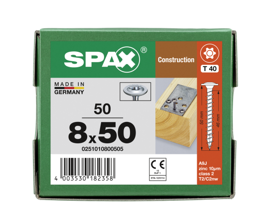 SPAX Tellerkopf  Beschlagschraube T40 8 mm T-STAR plus 4CUT Vollgewinde WIROX P5J C4  8x50 - 50 Stk