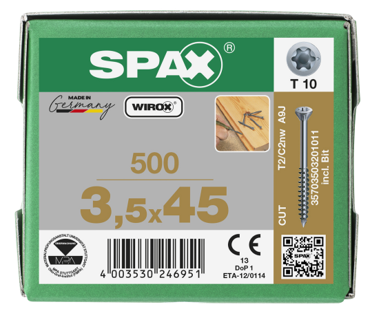 SPAX Dielenschraube Teilgewinde Senkkopf - T-STAR plus T10 WIROX  3,5x45 - 500 Stk