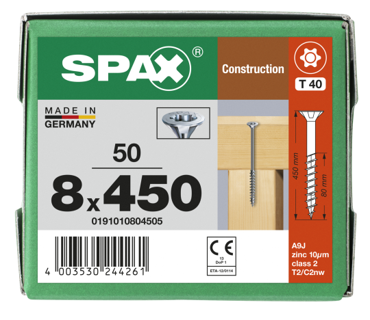 SPAX Senkkopf 8 mm T-STAR plus - Teilgewinde WIROX A3J  T40  -  8x450  -  50 Stk