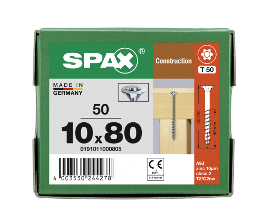 SPAX Senkkopf 10 mm T-STAR plus - Teilgewinde WIROX A3J  T50  -  10x80  -  50 Stk