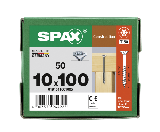 SPAX Senkkopf 10 mm T-STAR plus - Teilgewinde WIROX A3J  T50  -  10x100  -  50 Stk