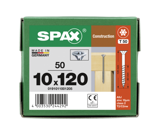 SPAX Senkkopf 10 mm T-STAR plus - Teilgewinde WIROX A3J  T50  -  10x120  -  50 Stk