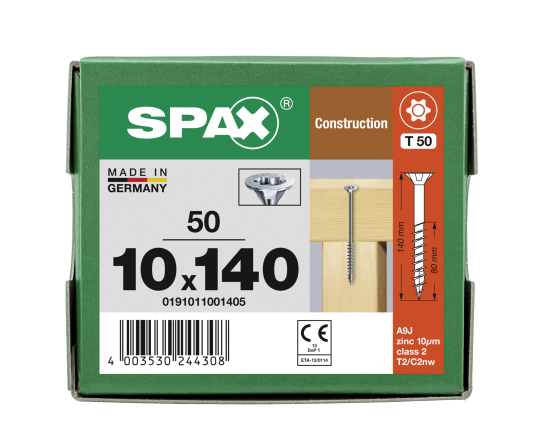 SPAX Senkkopf 10 mm T-STAR plus - Teilgewinde WIROX A3J  T50  -  10x140  -  50 Stk