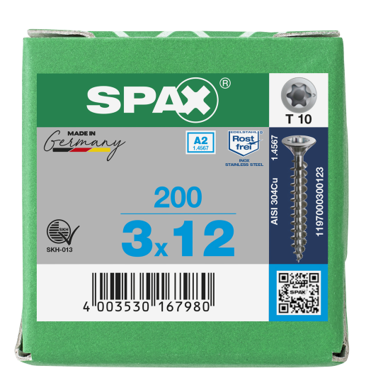 SPAX Senkkopf T-STAR plus - Vollgewinde Edelstahl rostfrei A2 1.4567      T10  -  3x12  -  200 Stk