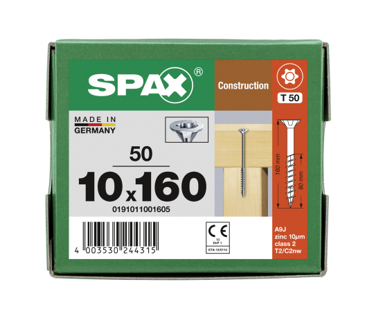 SPAX Senkkopf 10 mm T-STAR plus - Teilgewinde WIROX A3J  T50  -  10x160  -  50 Stk