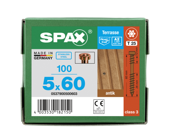 SPAX Terrassenschraube T-STAR plus CUT Fixiergewinde Edelstahl rostfrei  A2 antik 1.4567  5x60 - 100 Stk