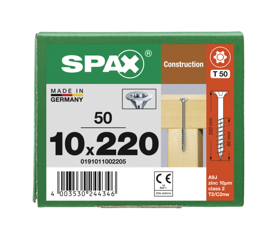 SPAX Senkkopf 10 mm T-STAR plus - Teilgewinde WIROX A3J  T50  -  10x220  -  50 Stk