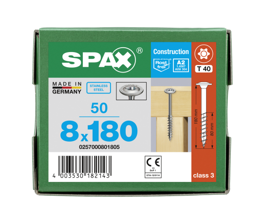 SPAX Tellerkopf 8 mm T-STAR plus 4CUT Teilgewinde Edelstahl rostfrei A2 1.4567  8x180 - 50 Stk