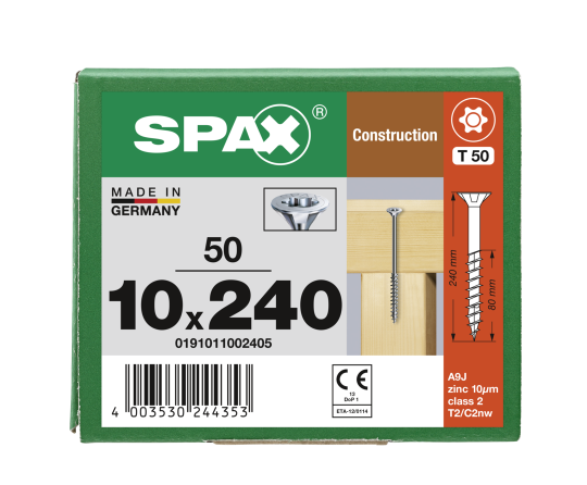 SPAX Senkkopf 10 mm T-STAR plus - Teilgewinde WIROX A3J  T50  -  10x240  -  50 Stk