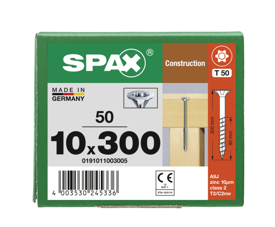 SPAX Senkkopf 10 mm T-STAR plus - Teilgewinde WIROX A3J  T50  -  10x300  -  50 Stk