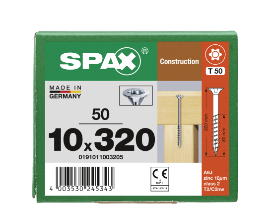 SPAX Senkkopf 10 mm T-STAR plus - Teilgewinde WIROX A3J  T50  -  10x320  -  50 Stk