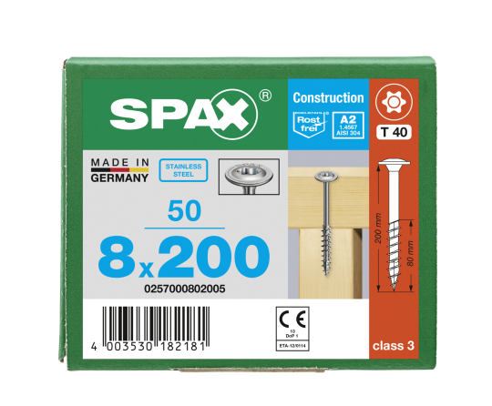 SPAX Tellerkopf 8 mm T-STAR plus 4CUT Teilgewinde Edelstahl rostfrei A2 1.4567  8x200 - 50 Stk