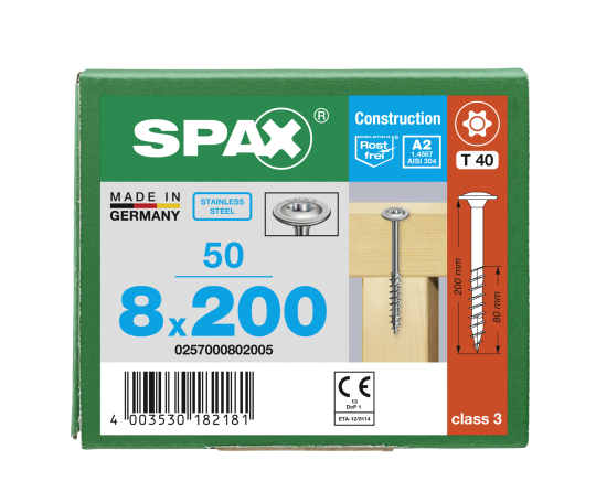 SPAX Tellerkopf 8 mm T-STAR plus 4CUT Teilgewinde Edelstahl rostfrei A2 1.4567  8x200 - 50 Stk