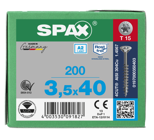 SPAX Senkkopf T-STAR plus - Teilgewinde Edelstahl A2 1.4567  T15  -  3,5x40  -  200 Stk