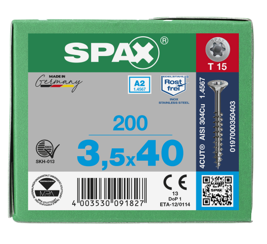 SPAX Senkkopf T-STAR plus - Teilgewinde Edelstahl rostfrei A2 1.4567  T15  -  3,5x40  -  200 Stk